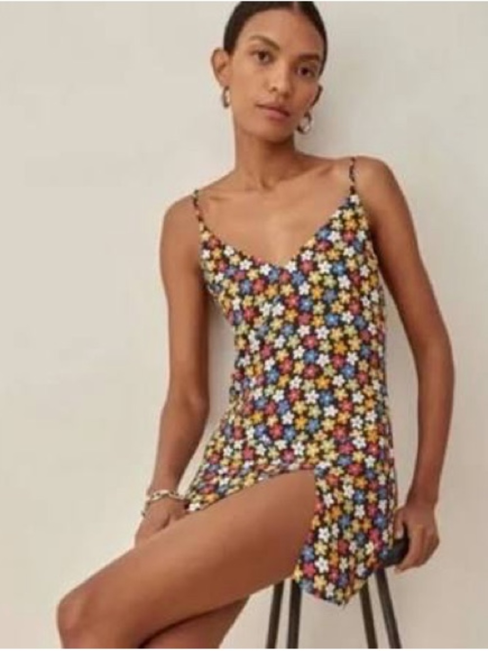 Reformation Danika Marlowe Black Mini Dress with Multicolor Floral Print